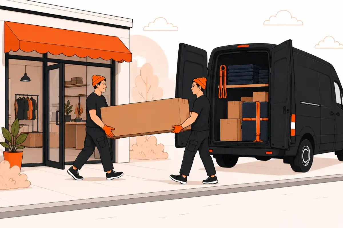 Two movers loading a large furniture box from a storefront into the van