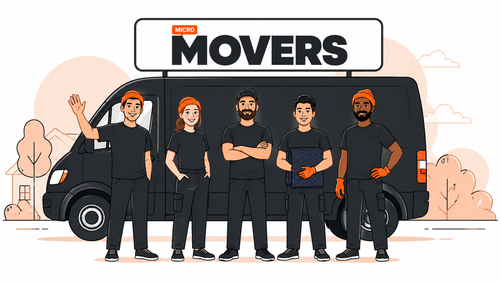 The Micro Movers crew of five in black uniforms and orange toques in front of the branded cargo van