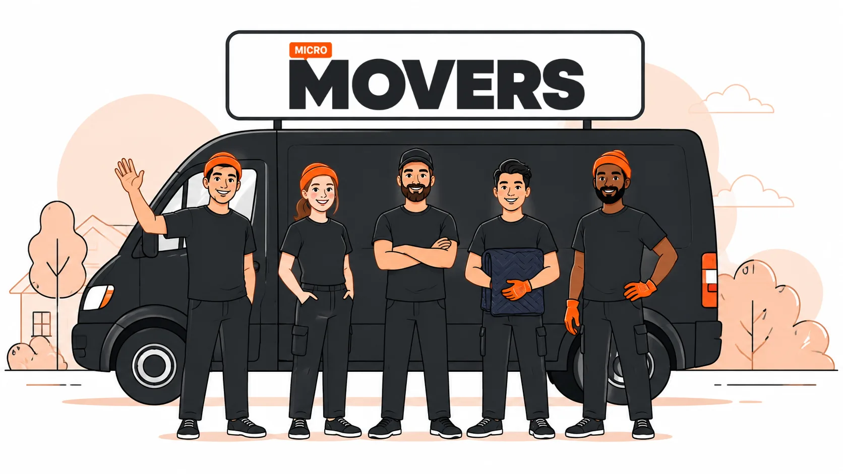 The Micro Movers crew of five in black uniforms and orange toques in front of the branded cargo van