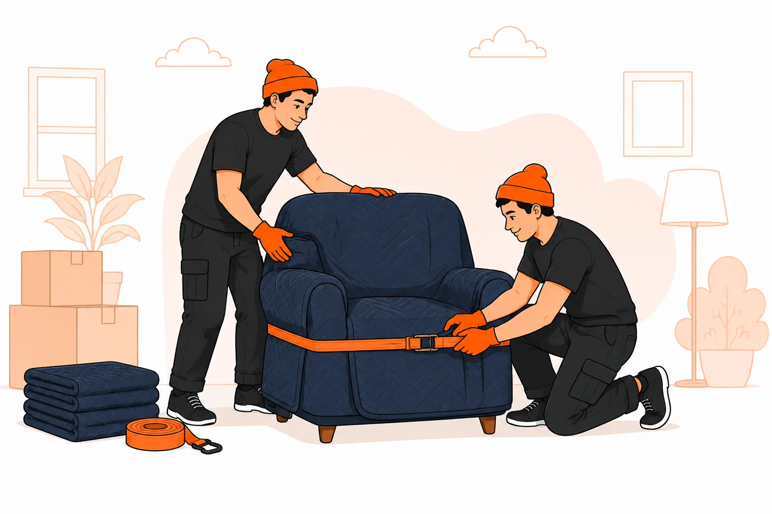 Two movers wrapping an armchair in a navy moving blanket and cinching an orange strap