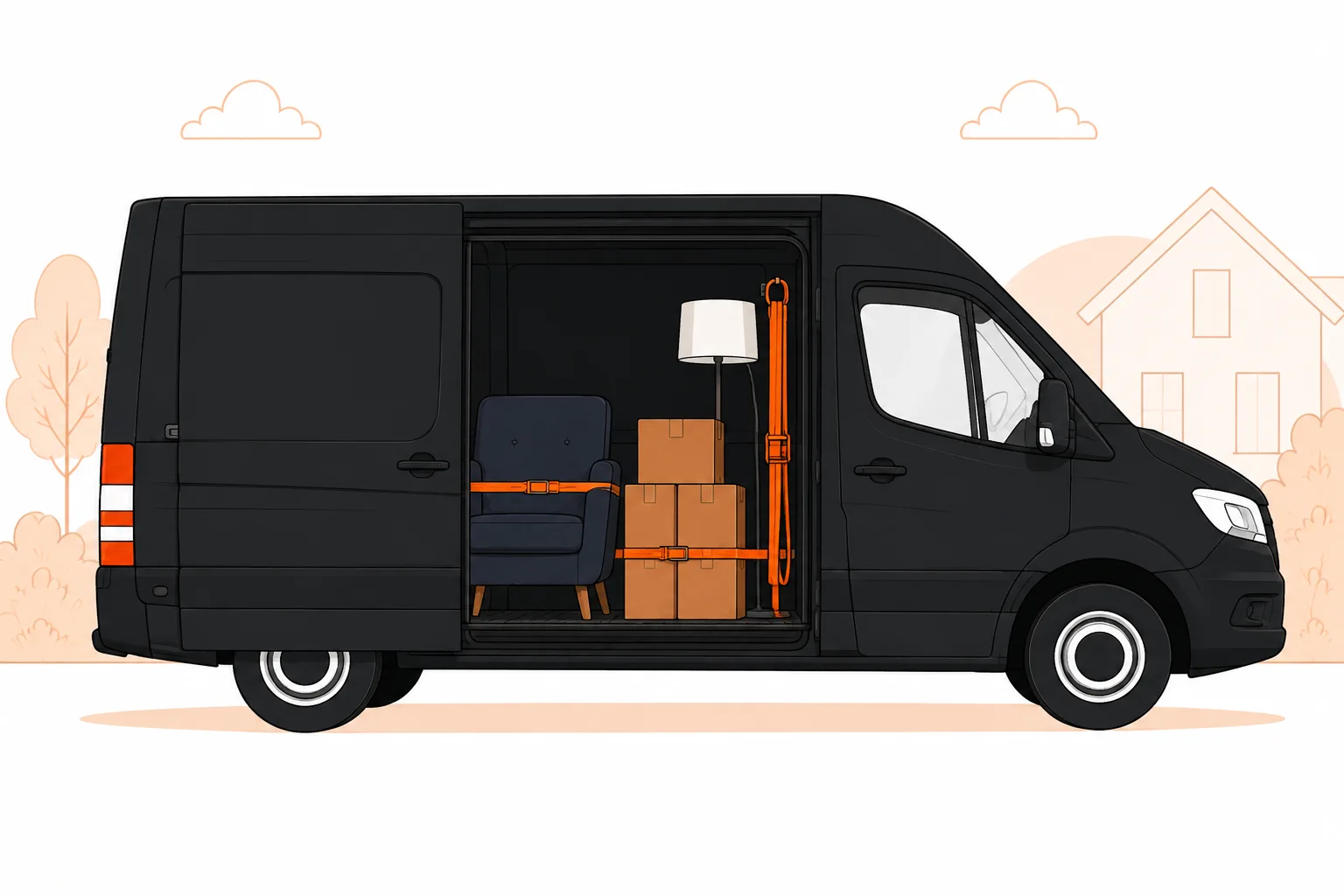 Micro Movers van carrying a strapped armchair, boxes and lamp