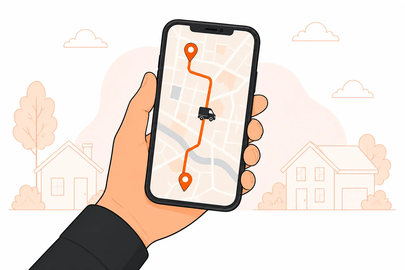 A hand holding a phone showing a map with an orange route, two stop pins and a van marker mid-route